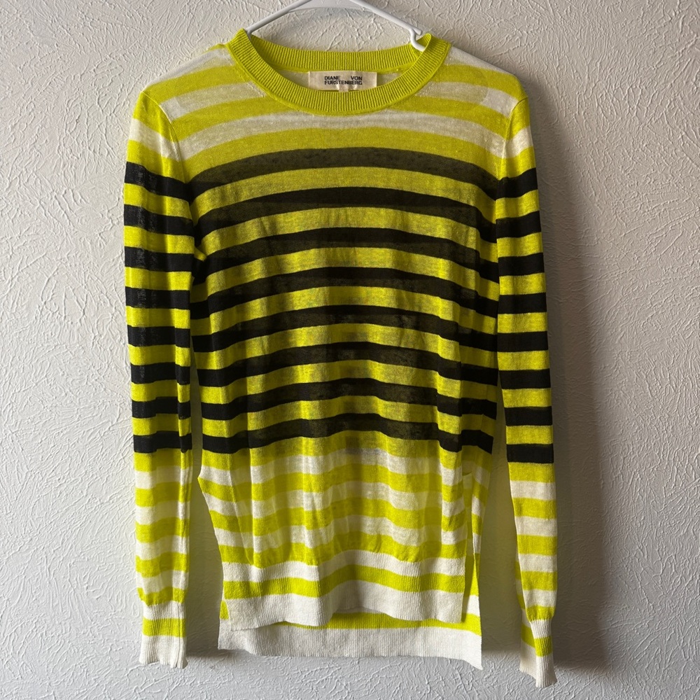Diane Von Furstenberg Lime and Black Striped Crewneck Sweater Size XS